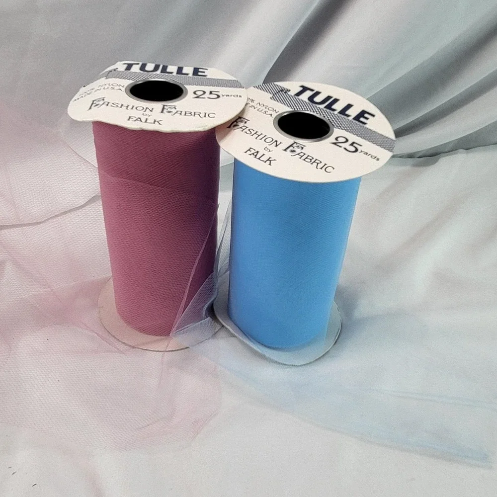 Lot of 2 VTG Falk Fabric Tulle Spools Decoration Crafting Burgundy Red Baby Blue